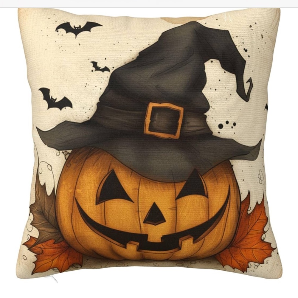 NWT Halloween Scary Pumpkin Wearing Witch Hat Throw Pillow Cover 18x18”
